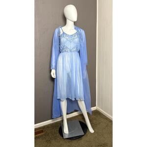 1960's Klein Blue Sheer Lacy Peignoir + Dress S/M Hand Dyed OOAK Two Piece Set